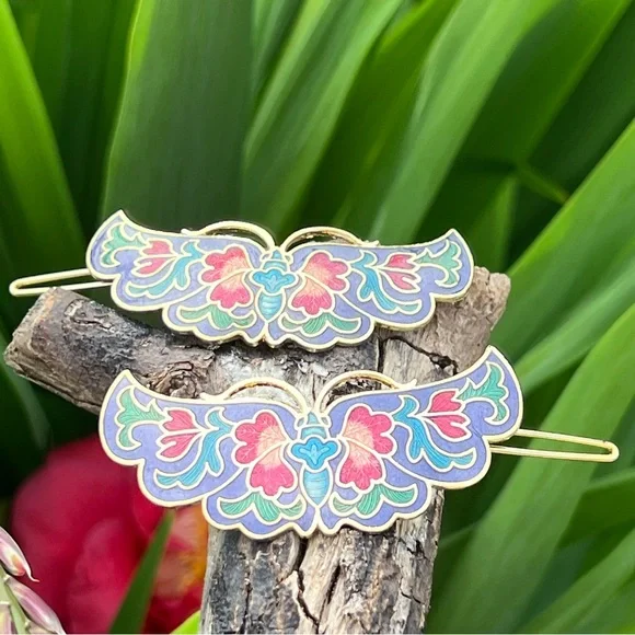 Vintage Cloisonné Enamel Butterfly Hair Barrettes – Set of 2